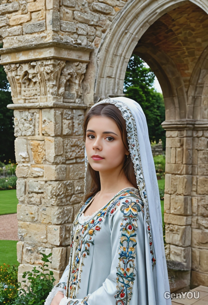 as a medieval queen, wearing a richly embroidered gown with a fur-lined cloak, standing by a stone archway with a castle's garden behind her, half body portrait 