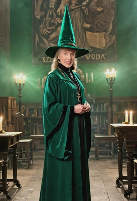 as Minerva McGonagall from Harry Potter, wearing a long emerald green robe with a pointed hat, standing in a grand, candlelit Hogwarts classroom