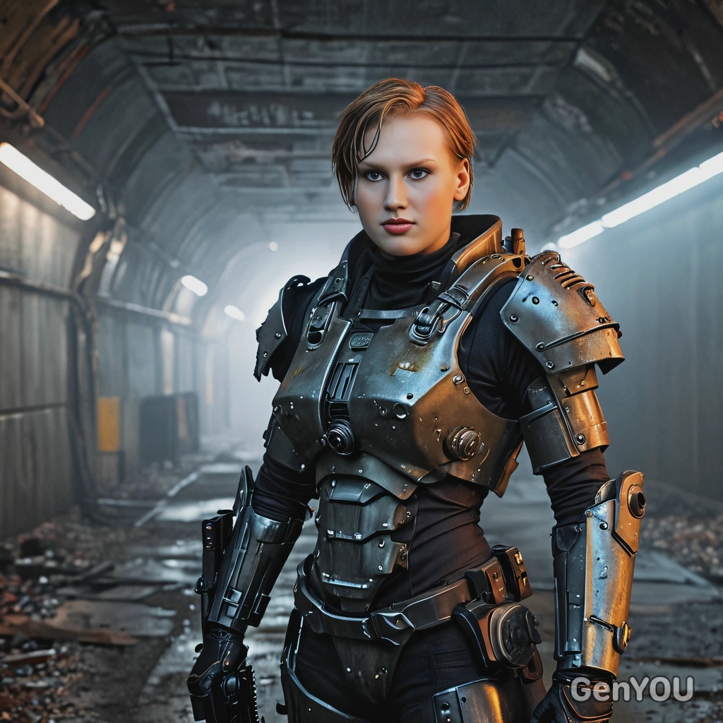 as a cosplayer of post nuclear game, cyberpunk, tattered rusty power armor, smiling, standing with rifle before a giant tunnel, fog, night, looking straight at camera, vivid colors, high-quality cinematographic style