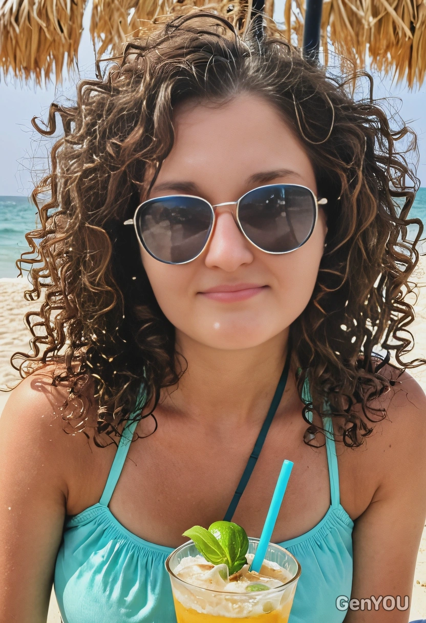 beach, drinking cocktails, looking happy, curly hair, sunglasses