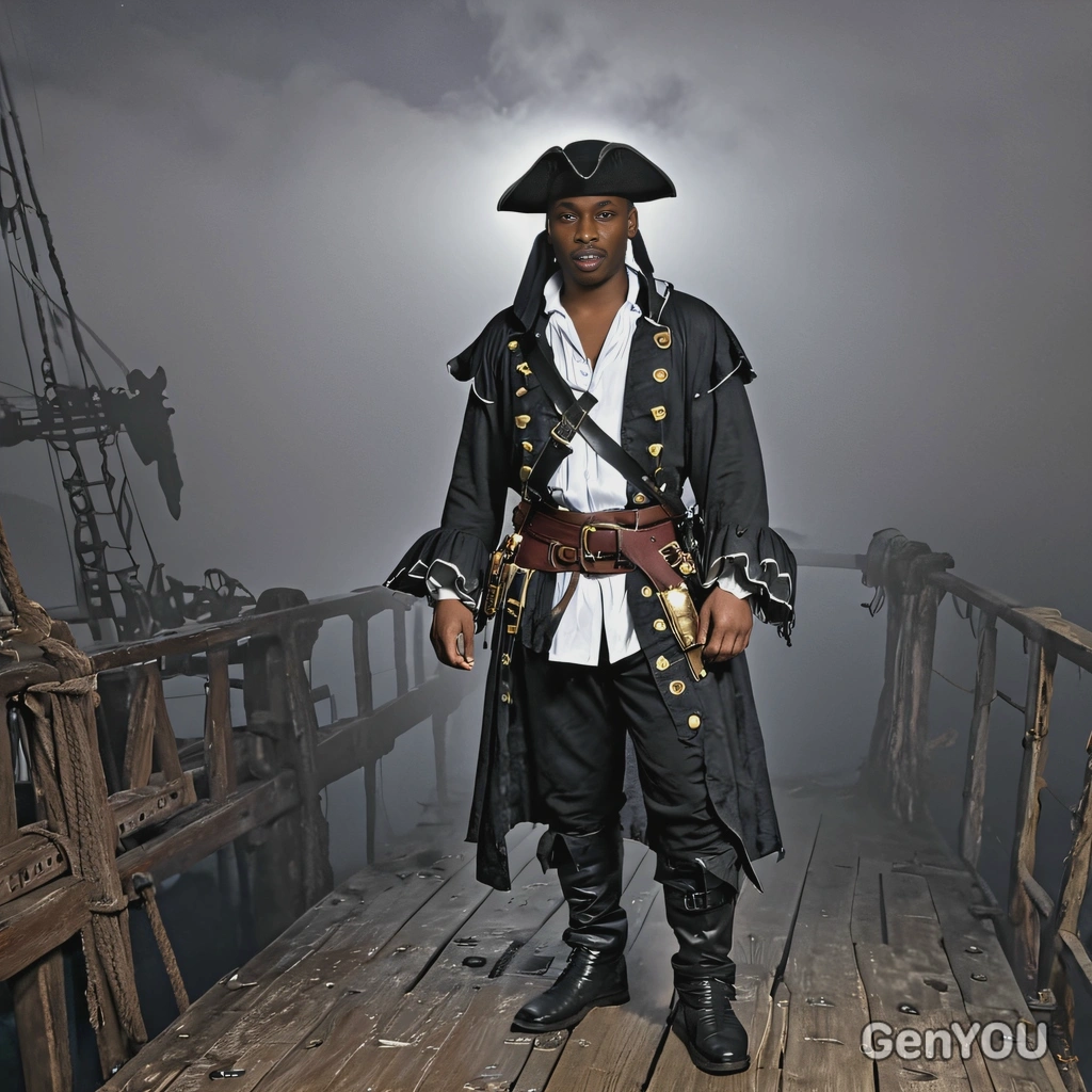 in a ghost pirate costume, standing on the deck of an old shipwreck, surrounded by fog, night-time