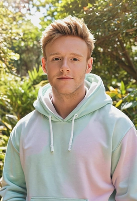wearing a pastel hoodie in a gentle botanical garden, soft focus, blurred background, looking at viewer, sun glare