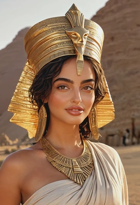 hyperrealistic textured face skin, Egyptian Queen with gold headdress, kohl-lined eyes, pleated linen dress, relaxed pose, blurry desert with pyramids background, golden hour