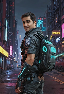 cyberpunk courier with a glowing backpack, a neon-lit city