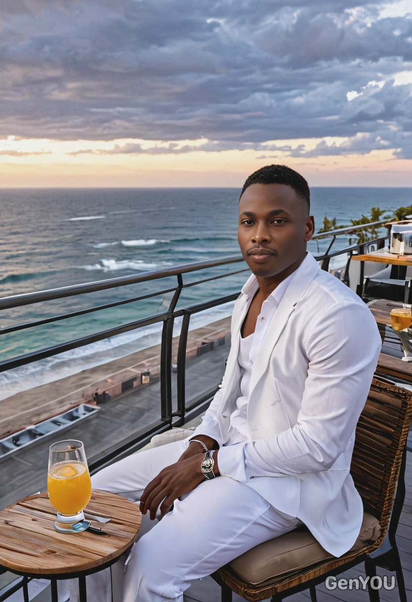 relaxing in a chic rooftop bar with an ocean view