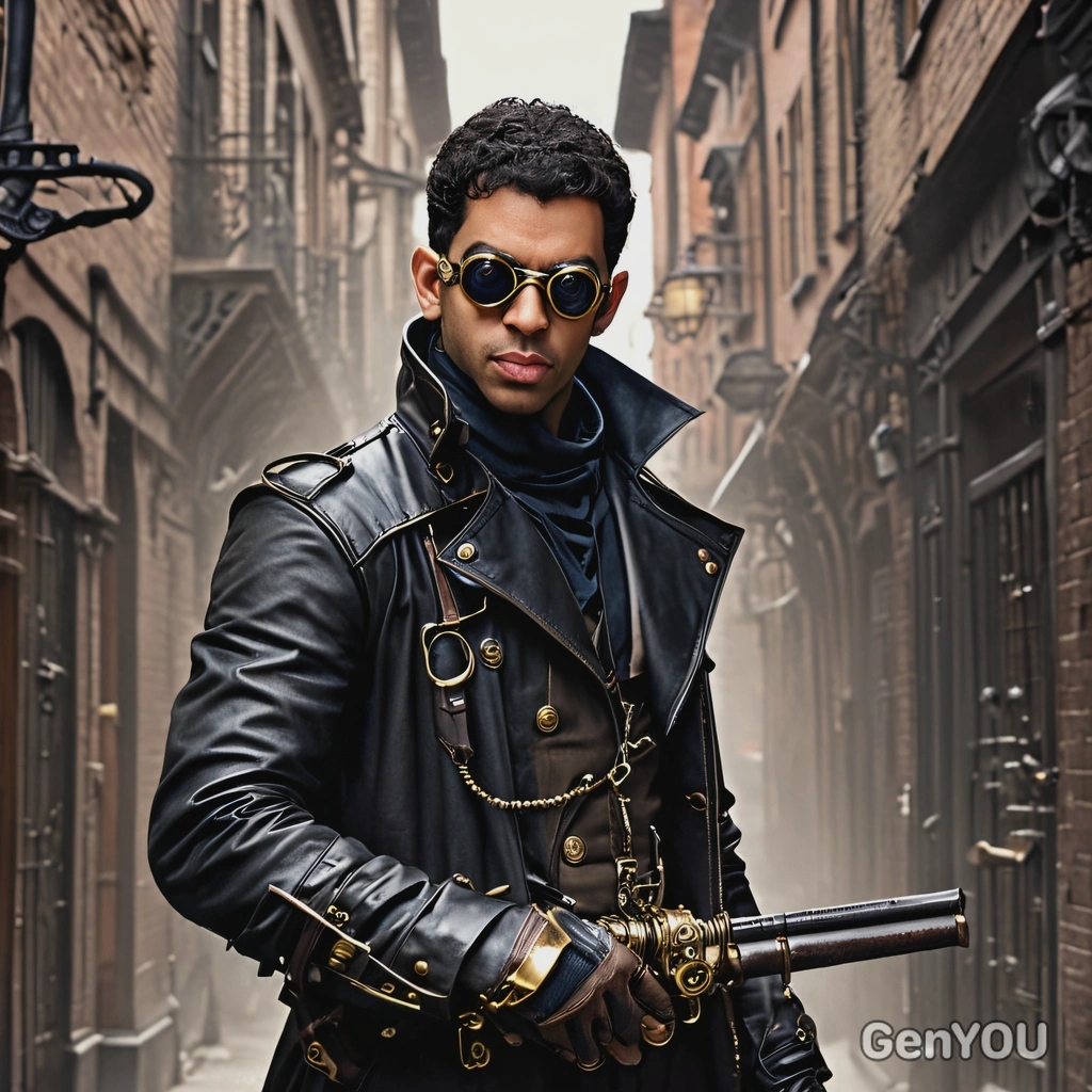 as a Steampunk assassin, in a leather trench coat with brass goggles and a clockwork dagger, lurking in the shadows of a Victorian street.