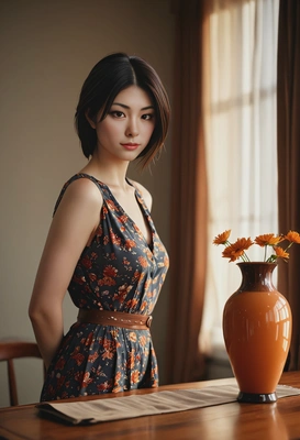 A dramatic cinematic full body shot of a confident person with sharp features and warm skin tones, soft rim lighting, shallow depth of field, ultra-realistic detail, 85mm lens, vibrant colors, in a studio with a vintage setting (heavy curtains, vase on the table) — inspired by high-end editorial photography