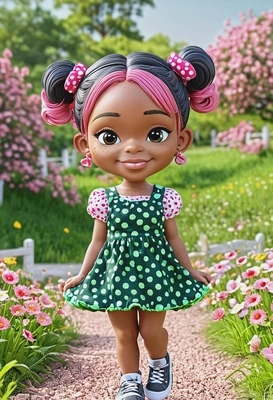 Chibi 3D cartoon style, tiny girl with big green eyes, short pink hair tied in pigtails, wearing a polka-dot dress, cheerful pose, sunny meadow background with colorful flowers