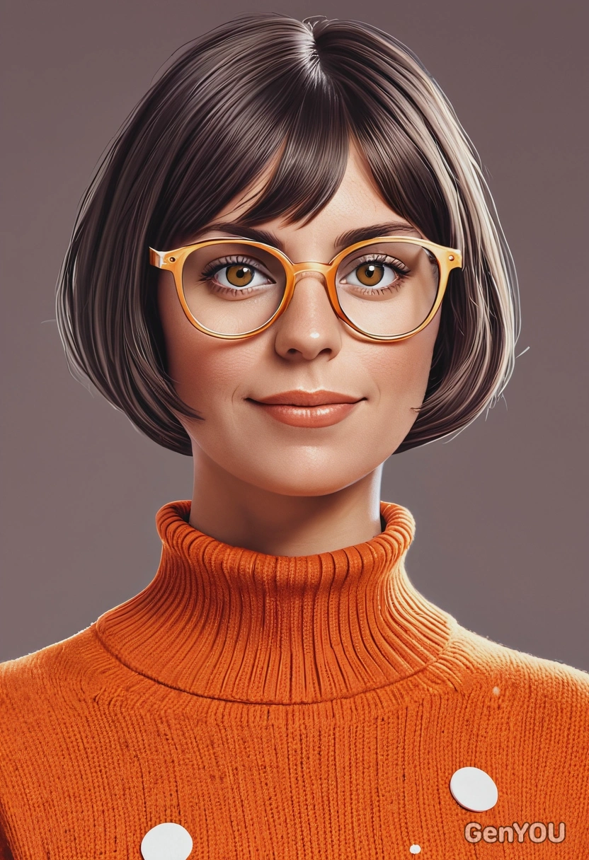 Hand-drawn flat cartoon style, Velma from Scooby-Doo, bold and thick outlines, minimal shading with flat solid colors, simple facial features, large squared glasses, dots eyes with small pupils, subtle freckles on cheeks, short voluminous bob haircut, wearing oversized bright orange turtleneck sweater, muted dark color palette, cool soft daylight without strong shadows, waist-up portrait, misty da