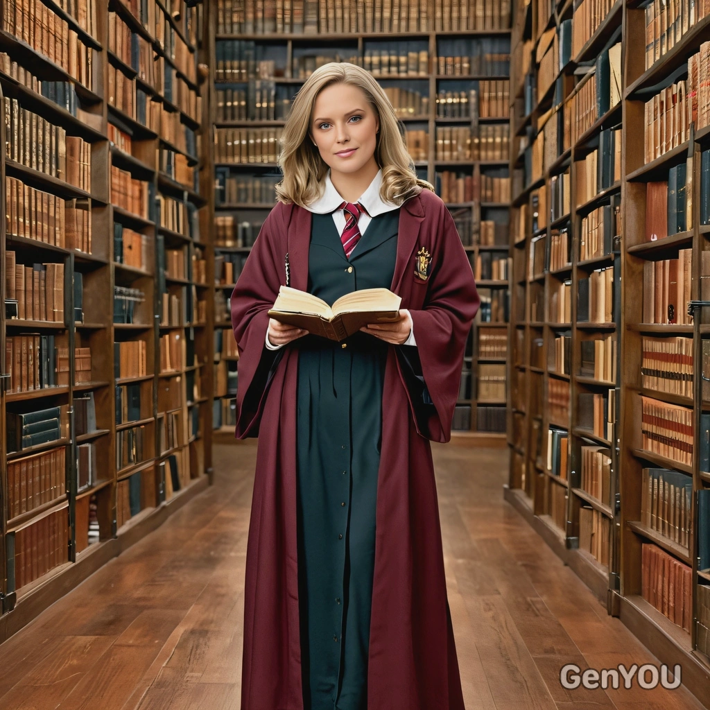 as Hermione Granger from Harry Potter, in a Hogwarts robe,elegant  in a library filled with floating books, full body