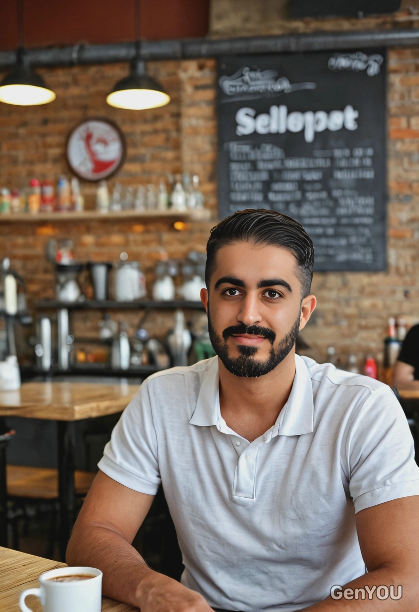at a cafe, blurred background, photo taken on 50mm lenses, high-res, highly realistic