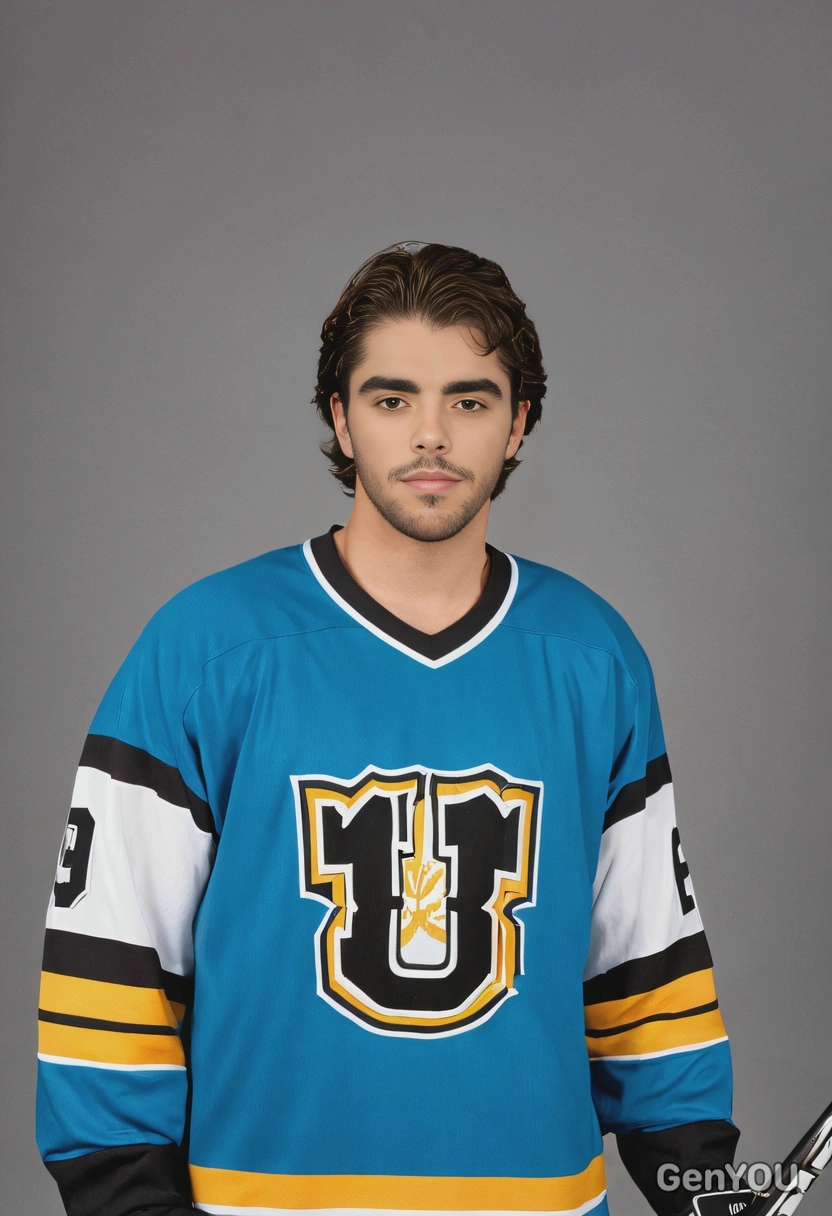 as an 80s ice hockey fan, in a team jersey and holding a hockey stick, with a confident look, against a typical yearbook backdrop
