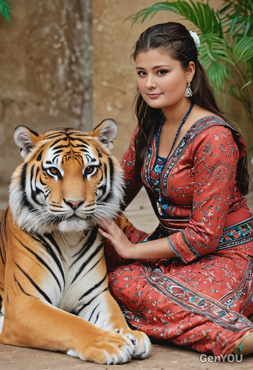 petting a tiger, sitting side by side, indian folklore, symmetrical clothes, professional shot, blurred background