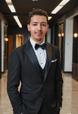 in a black tuxedo, seductive gaze, professional indoor lighting, blurry business hall background, sharp high-quality image, soft shadows, eyes on you, flirty smile