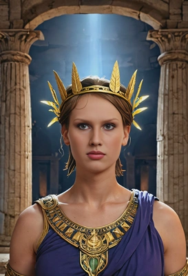 as an ancient Greek god, casting bolts of light, crown of laurel, night, inside an abandoned Greek temple, close-up shot, looking at you, vivid colors, symmetrical clothing details, 3D video game style, high-quality stylized art