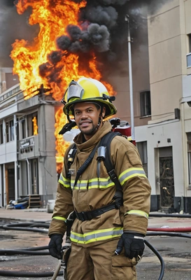Firefighter ready to combat flames, similar intensity as nfl player headshots