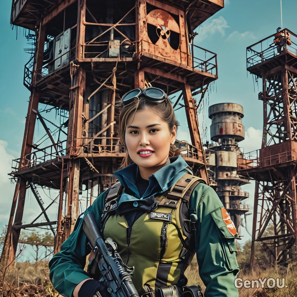 as a cosplayer of post nuclear game, cyberpunk, smiling, tattered sea uniform, standing with rifle on top of watchtower, rusty radioactive swamp, looking straight at camera, vivid colors, high-quality cinematographic style