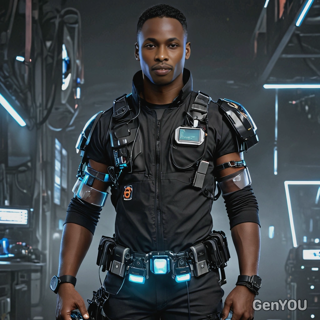 A futuristic cyberpunk paramedic with glowing equipment