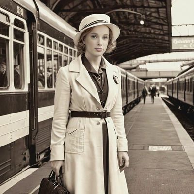 standing at a train station in a 1930s travel outfit, with a sepia filter