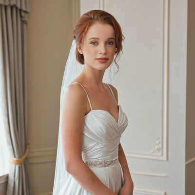as a bride, in a beautifully modern hotel, wearing a silk  minimalistic bridal dress, half body view