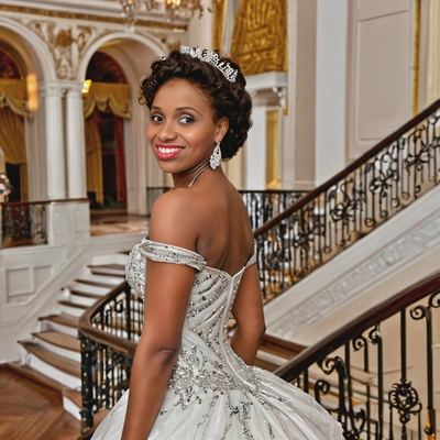 as a woman in an elegant ball gown, standing at the top of a grand staircase in an opulent ballroom, looking down with a soft smile