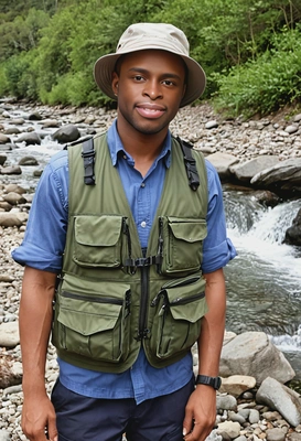 in a light fishing vest and hat by a mountain stream, waist-up photo