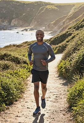 jogging along a sunlit coastal path, wearing lightweight running gear 