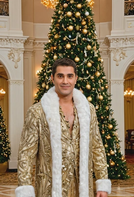 wearing a sparkling holiday gown with a fur stole, standing in a grand ballroom with a massive Christmas tree decorated with golden ornaments and white lights