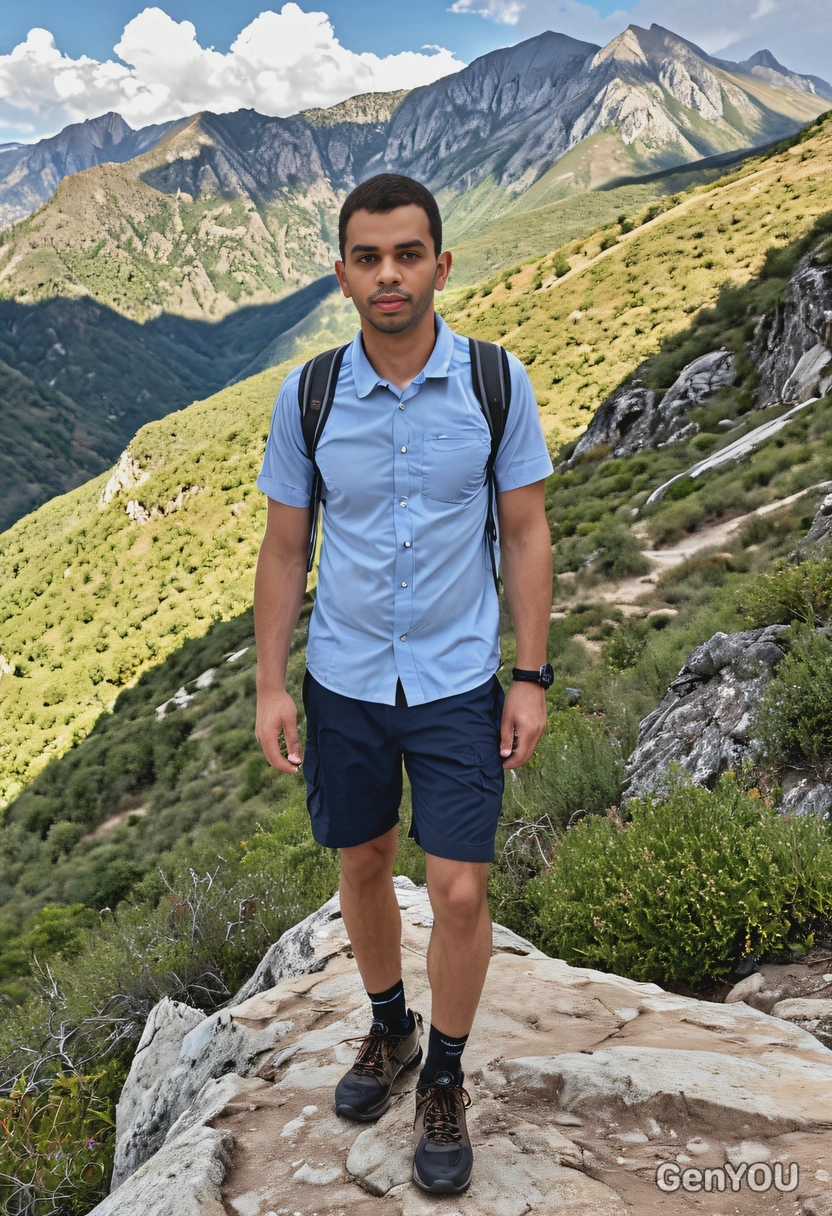 enjoying a scenic hike on a sun-drenched trail, wearing a lightweight shirt and hiking shorts, with panoramic views of mountains and valleys