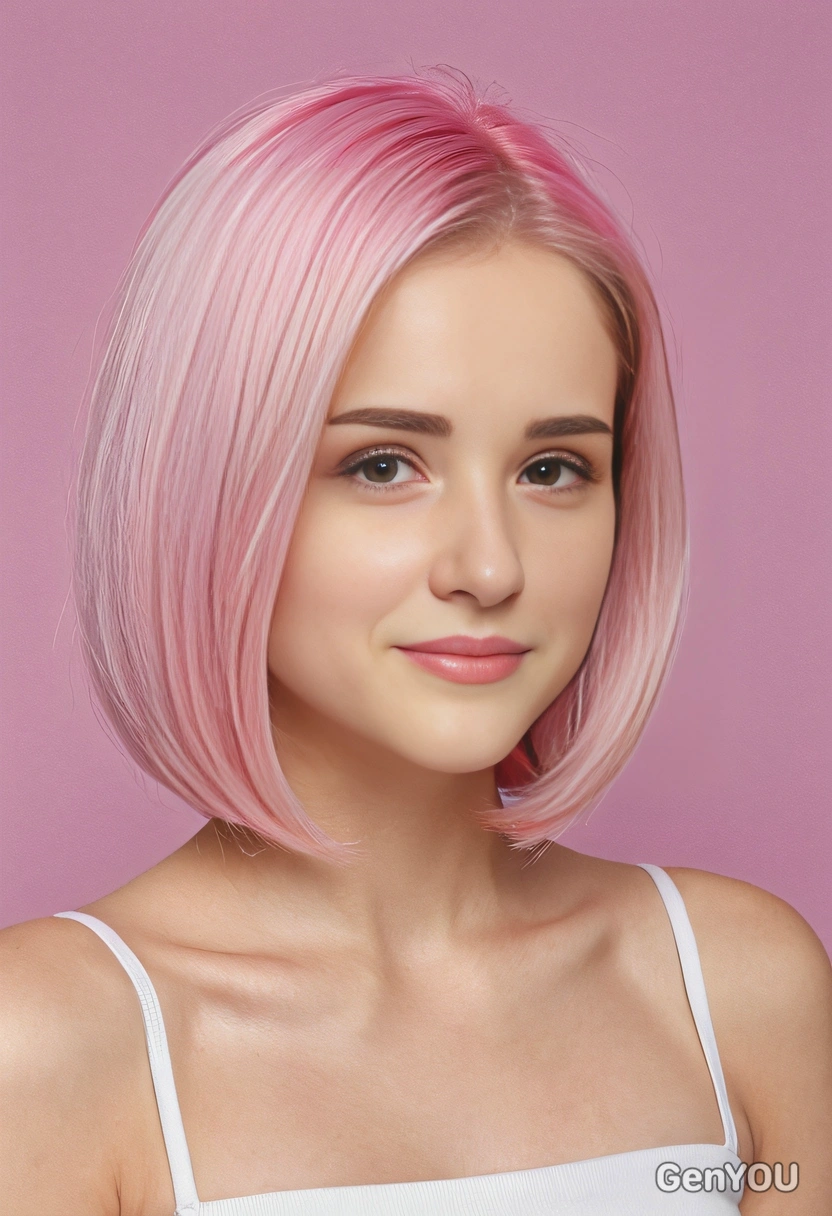 shoulder-length, straight bob dyed in bubblegum pink with a hint of pastel purple at the tips, set in a candy-colored backdrop