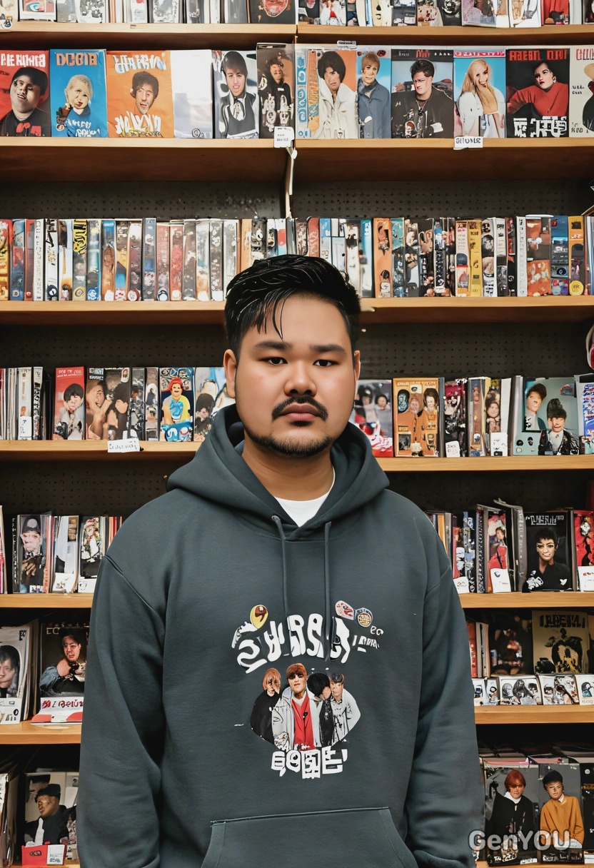 as a K-pop merchandise collector, wearing a hoodie with pins of various idols, surrounded by shelves of albums