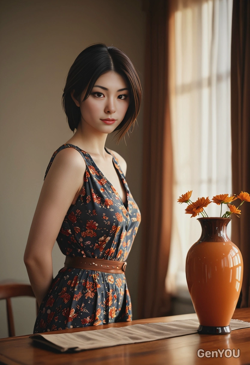 A dramatic cinematic full body shot of a confident person with sharp features and warm skin tones, soft rim lighting, shallow depth of field, ultra-realistic detail, 85mm lens, vibrant colors, in a studio with a vintage setting (heavy curtains, vase on the table) — inspired by high-end editorial photography