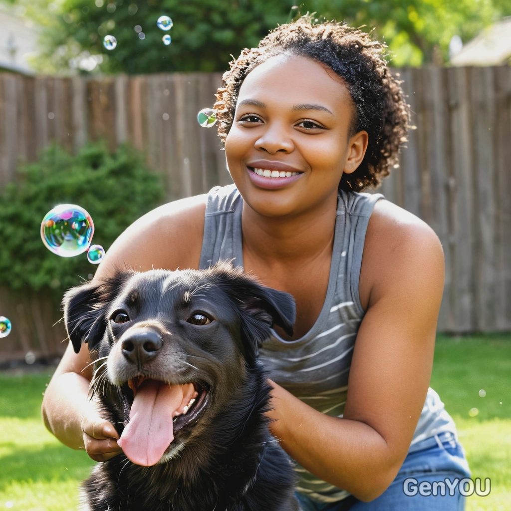 smiling, with her dog catching bubbles in the backyard, soft focus, blurred background 