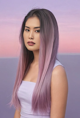 long, straight hair with a pastel lilac-to-pink ombré, styled with sleek precision, set against a soft lavender sunset background