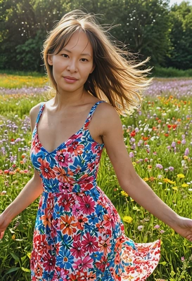 in a vibrant sundress twirling  joyfully in a field of wildflowers, her hair catching the sunlight