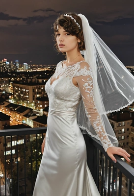 as a bride, standing on a balcony overlooking the city, wearing a sleek satin wedding dress, with her veil flowing in the wind and the city lights sparkling below