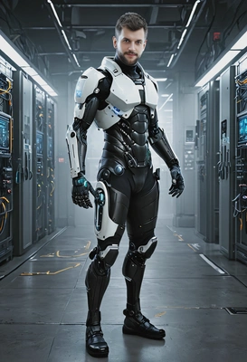 A cyberpunk hacker with a cybernetic hand and  infiltrating a secure facility, surrounded by glowing digital interfaces and high-tech security systems, full body view 