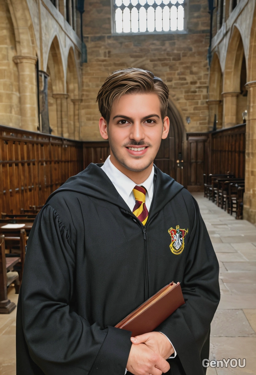 as Hogwarts' student, smiling, wearing Hogwarts robes, in the empty Great Hall, mid-shot 