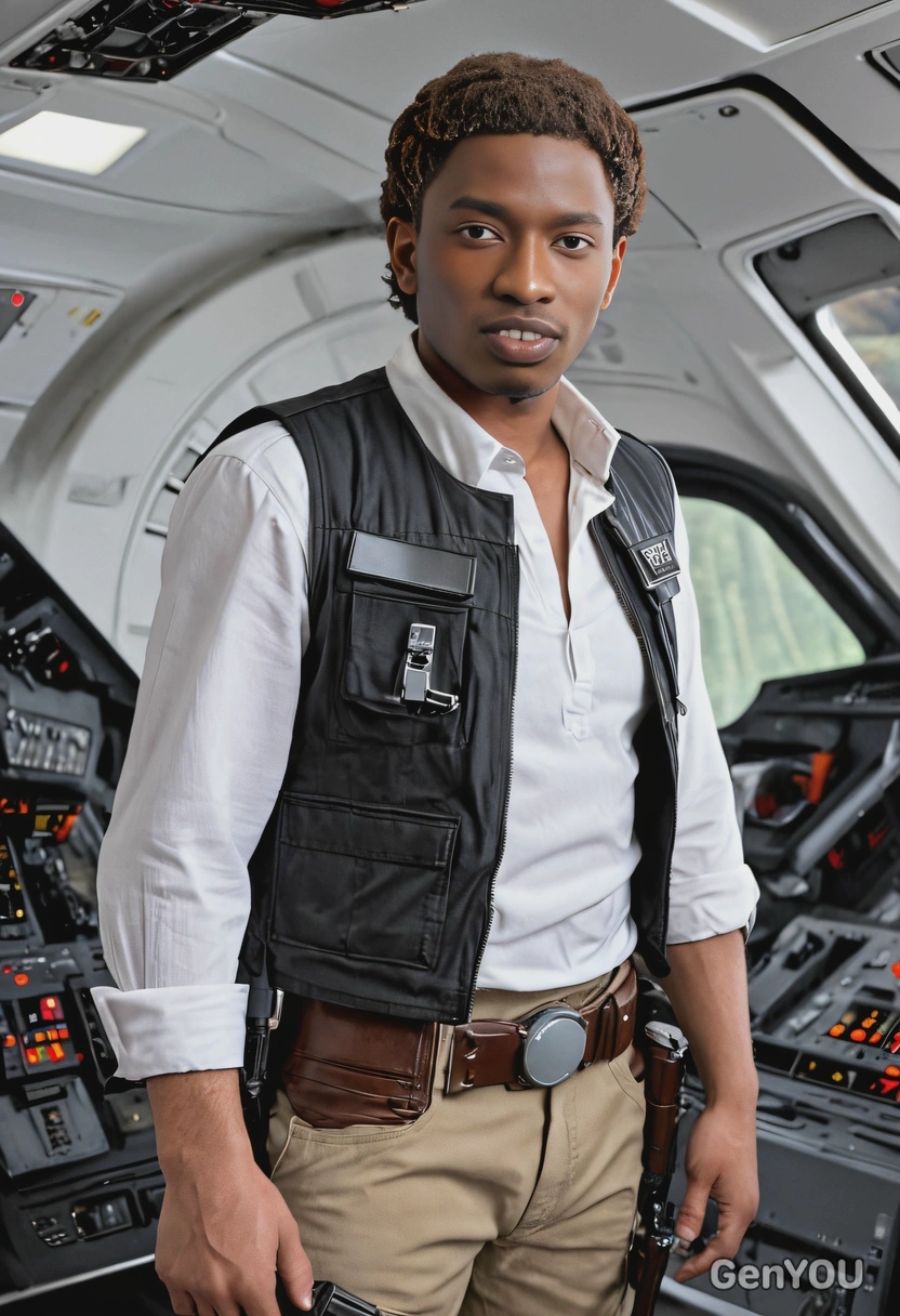 as Han Solo from Star Wars, wearing a white shirt with a black vest and holster, standing in the cockpit of the Millennium Falcon