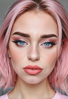 with an e-girl makeup look, bold eyeliner, pastel eyeshadows, rosy cheeks, matte lips, shimmer, cute, internet famous