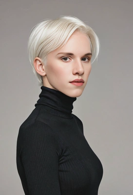 mid-shot, with short platinum blonde hair, wearing a black turtleneck, against a minimalist white wall 