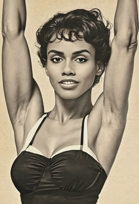 on a XX century feminist poster, showing her muscles