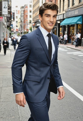 as a robust athletic man in a well-fitted suit, confidently walking through a bustling city street