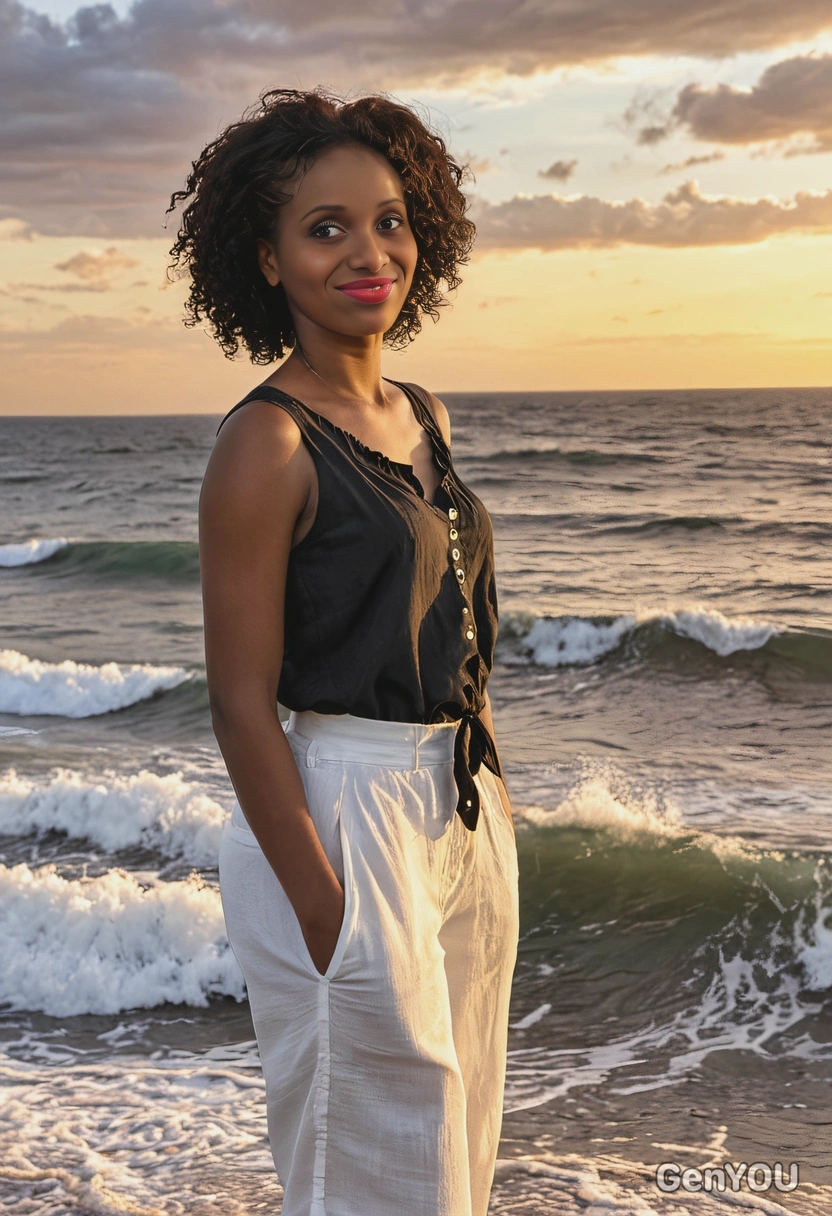 wearing a casual linen costume, with a picturesque sunset and waves crashing in the background, half body view 