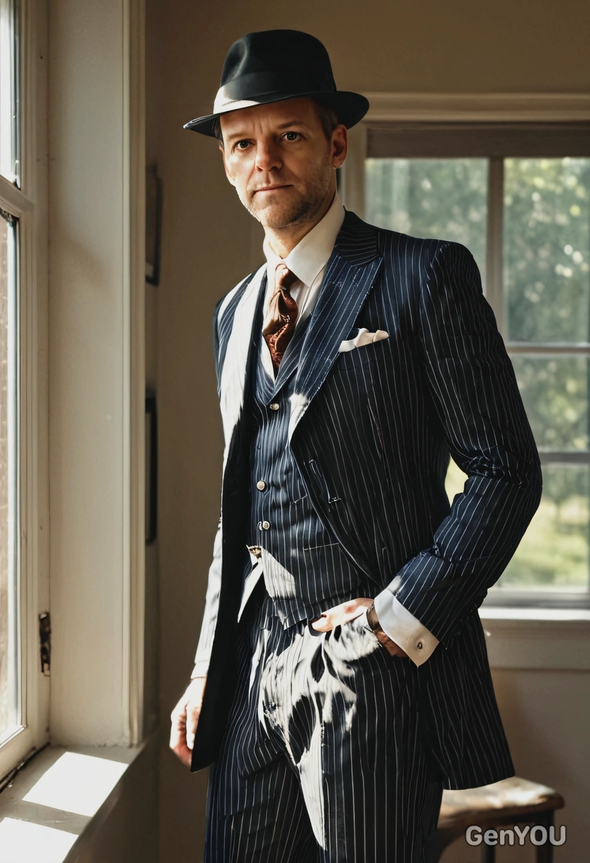 Dapper gangster in pinstripe suit, fedora, spats, morning rays from the window