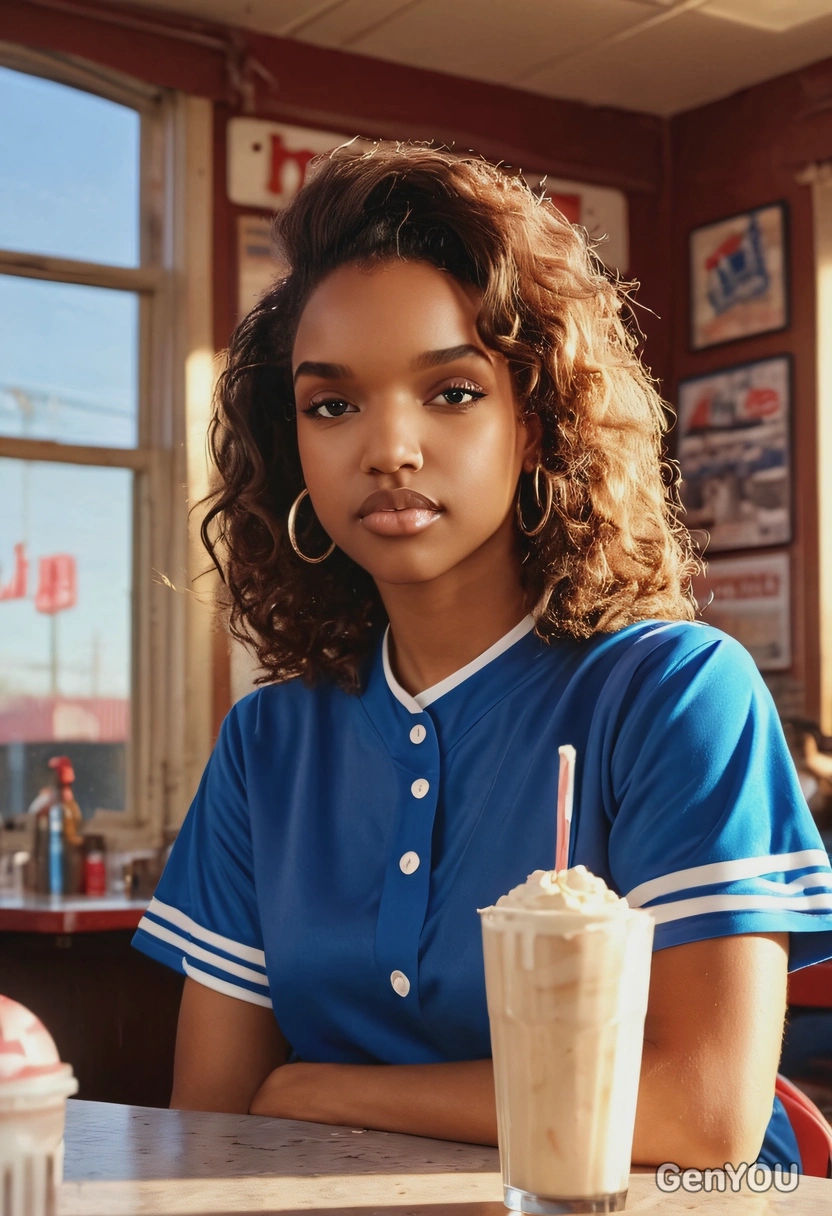 realistic face texture, sharp focus on the face, 90s retro American vibes, oversized loose-fitted electric blue baseball jersey, at the table with a huge old-style milkshake, blurry retro diner background, sunset rays from the window