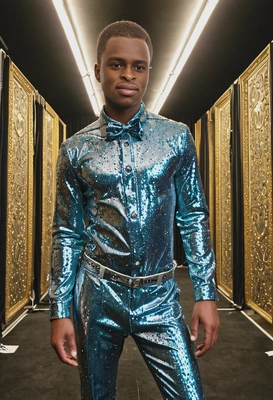 in crazy glittery outfit, backstage of a theater, symmetrical details, soft lighing