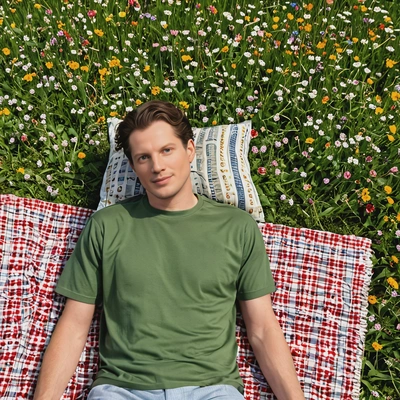 relaxing on a picnic blanket in a field of wildflowers