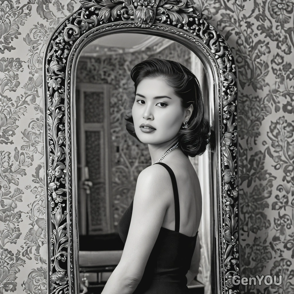in 1940s glamour style, posing by an ornate mirror, captured in black and white
