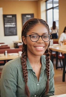 having lunch in a corporate cafeteria, smiling, warm tones, blurred background, eyes on you, braids, cute, fashionable eyeglasses, kinfolk style